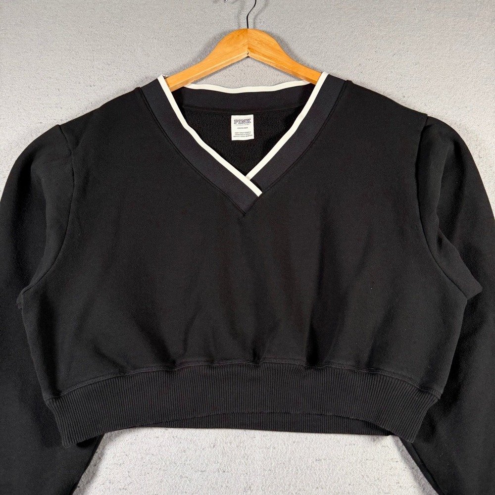 Pink Victoria's‎ Secret Womens Cropped V-Neck Sweatshirt Black White Large L